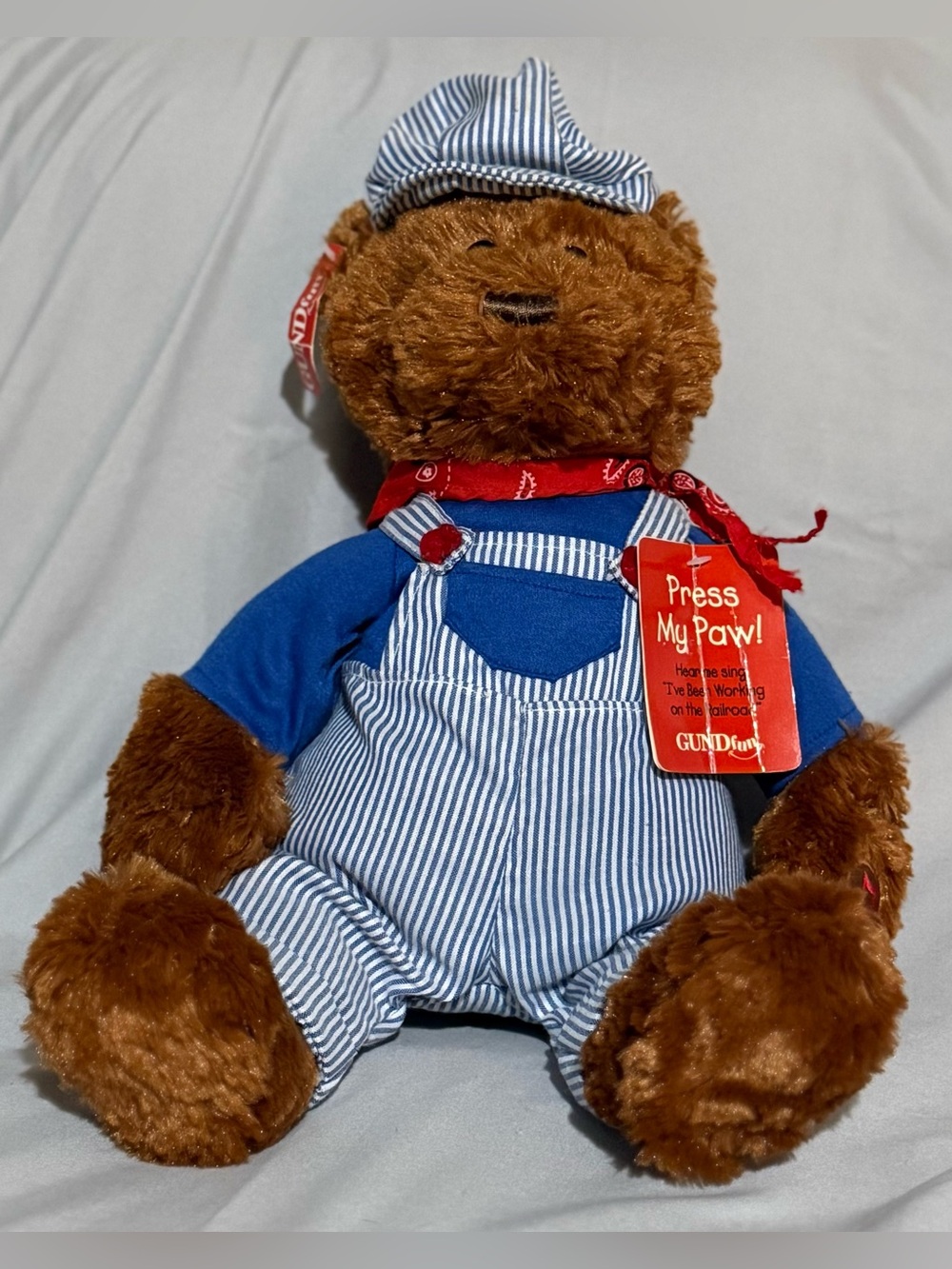 GUND Brown Plush Bear in Blue Striped Overalls with Red Bandana